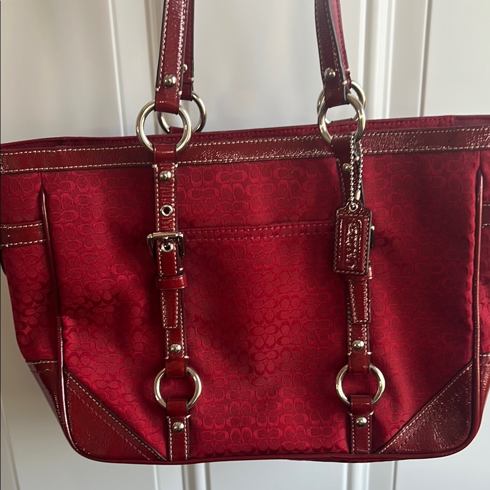 Coach Red Tote with Silver Hardware and Textured Finish